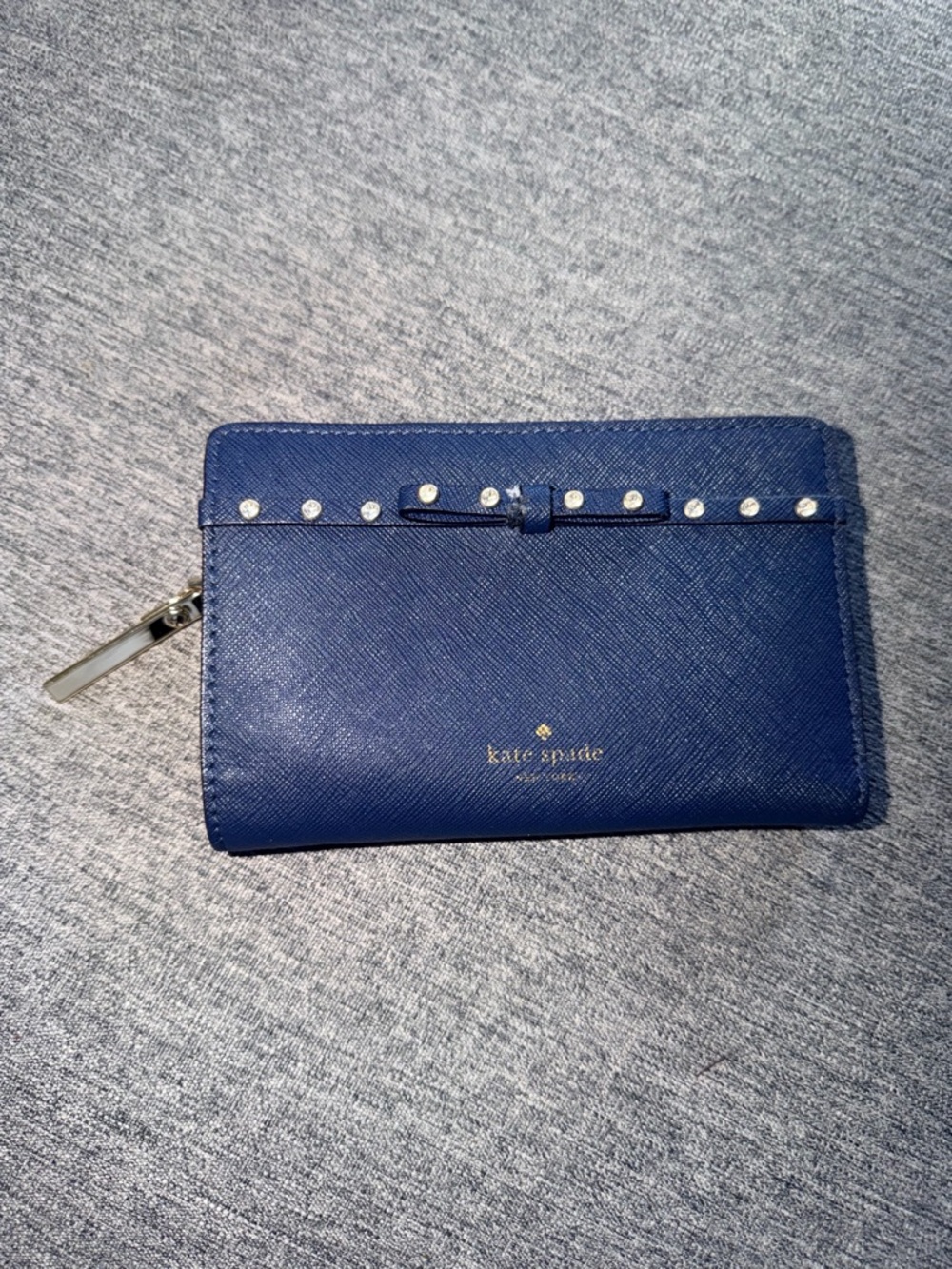 kate spade Navy Saffiano Zip Wallet with Studded Bow